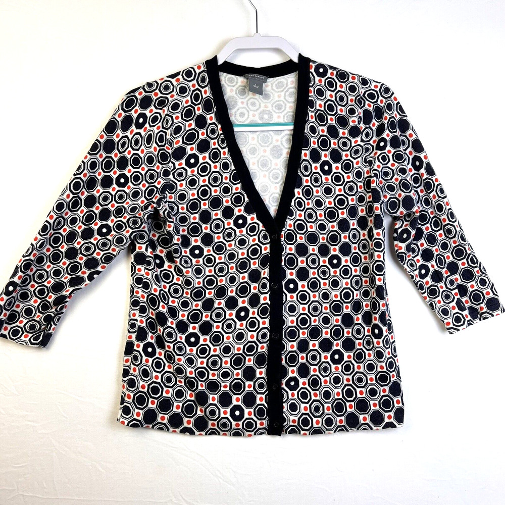 Ann Taylor Cardigan Sweater Women's Large Black Red 3/4 Sleeves Lightweight Work